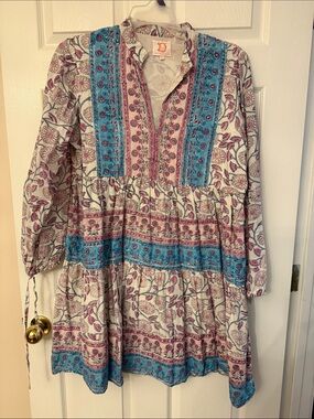 Victoria Dunn Floral Tiered Long-Sleeve Dress in Teal and Pink